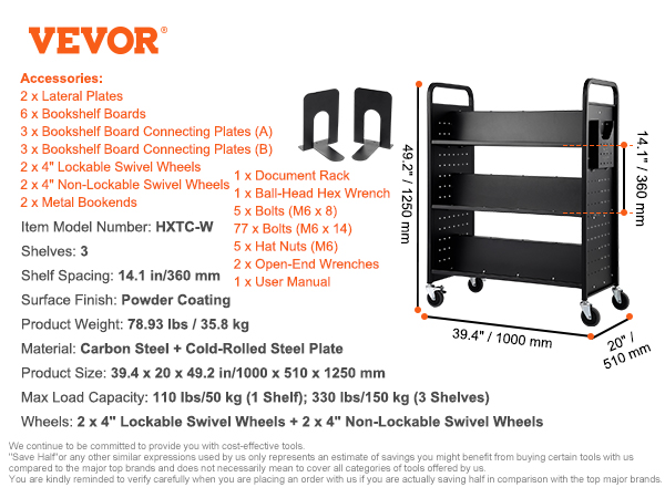 VEVOR book cart htxc-w, 3 shelves, carbon steel, 4 swivel wheels, 39.4"x20"x49.2", max load 330 lbs.