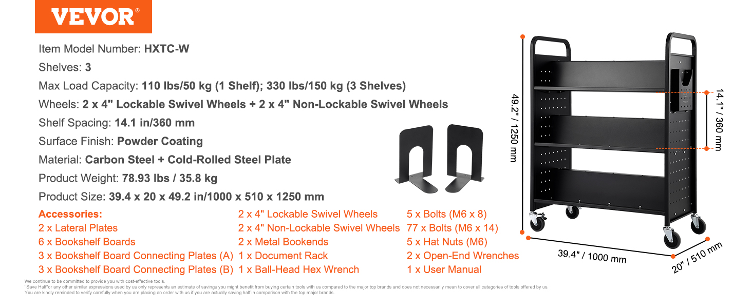 VEVOR book cart htxc-w, 3 shelves, carbon steel, 4 swivel wheels, 39.4"x20"x49.2", max load 330 lbs.