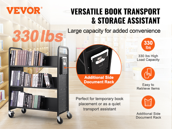 VEVOR book cart with 330 lbs capacity, additional side document rack, and easy item retrieval in library.