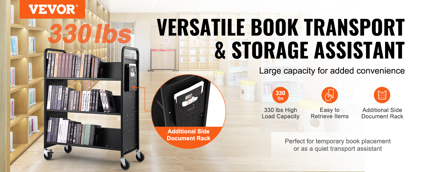 VEVOR book cart with 330 lbs capacity, additional side document rack, and easy item retrieval in library.