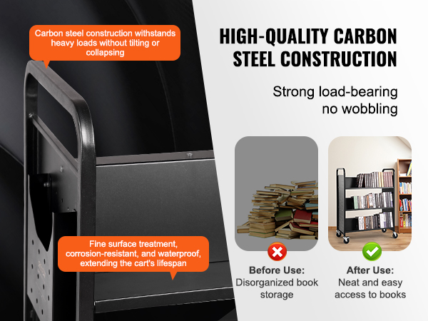 VEVOR book cart with high-quality carbon steel, strong load-bearing, neat book storage, no wobbling.