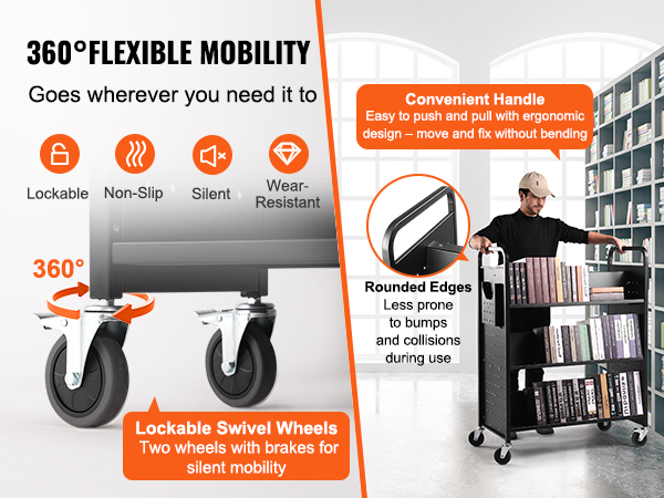 VEVOR book cart with 360° swivel wheels, convenient handle, and rounded edges for flexible mobility.