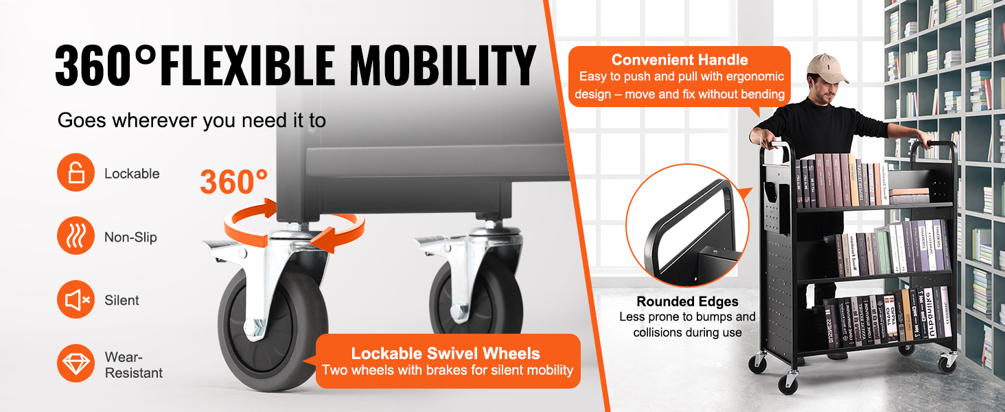 VEVOR book cart with 360° swivel wheels, convenient handle, and rounded edges for flexible mobility.