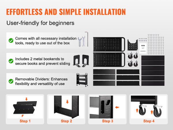 effortless installation guide for VEVOR book cart with tools, bookends, dividers, and easy-assemble steps.