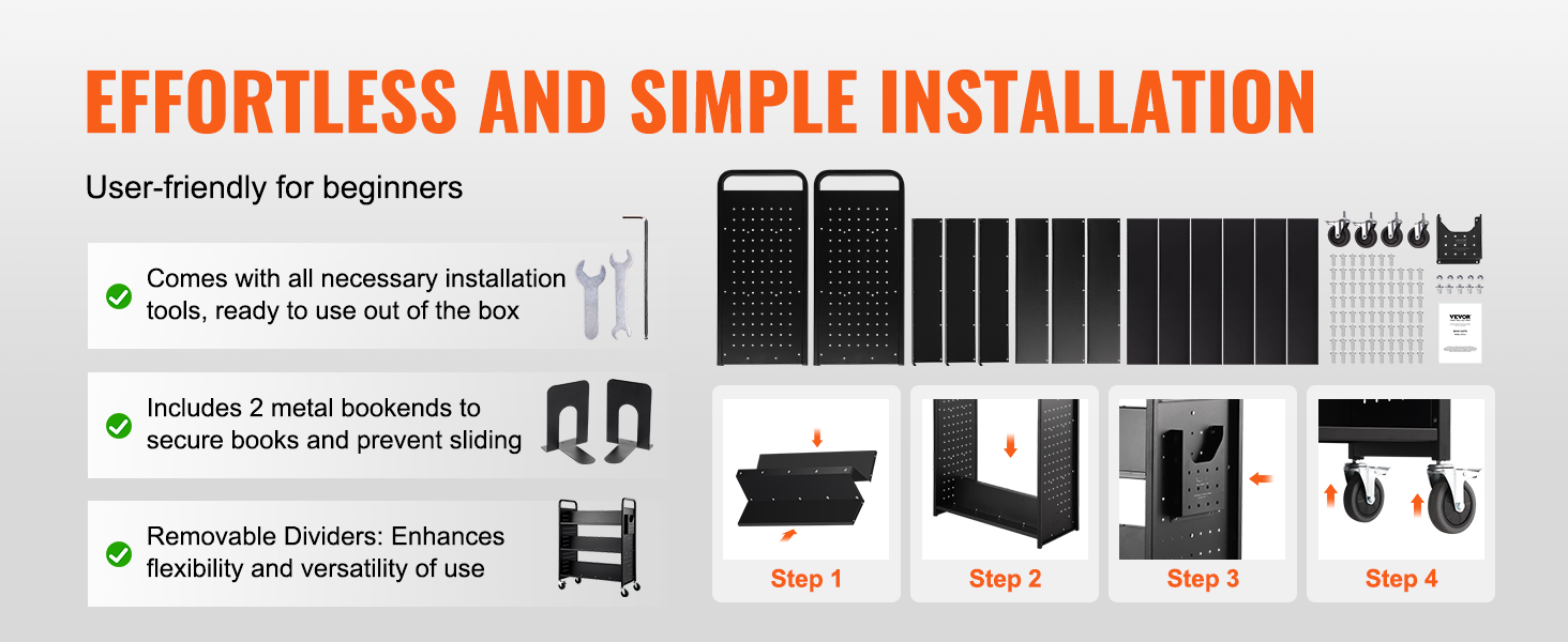 effortless installation guide for VEVOR book cart with tools, bookends, dividers, and easy-assemble steps.