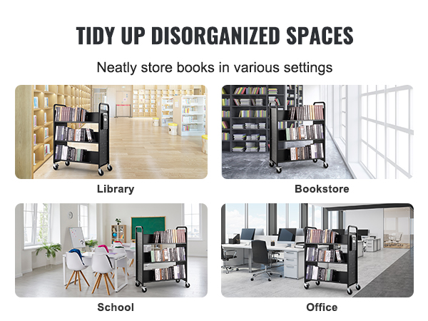 tidy up disorganized spaces with the VEVOR book cart in libraries, bookstores, schools, and offices.