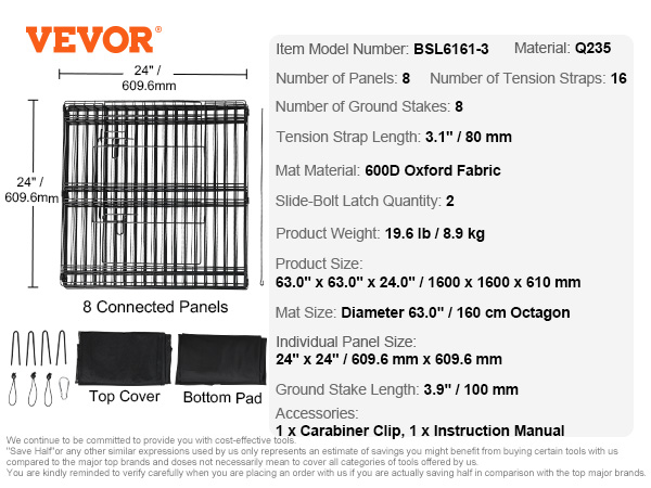 VEVOR dog playpen with 8 panels, ground stakes, tension straps, and oxford fabric mat, 160x160x61 cm.