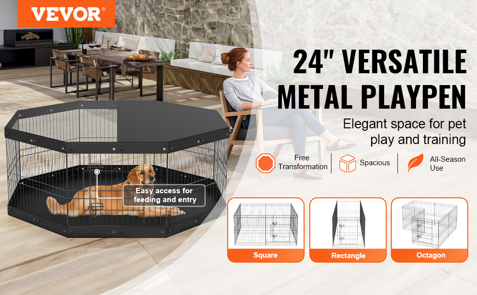 VEVOR dog playpen in a cozy living room, featuring a golden retriever inside a spacious metal enclosure.