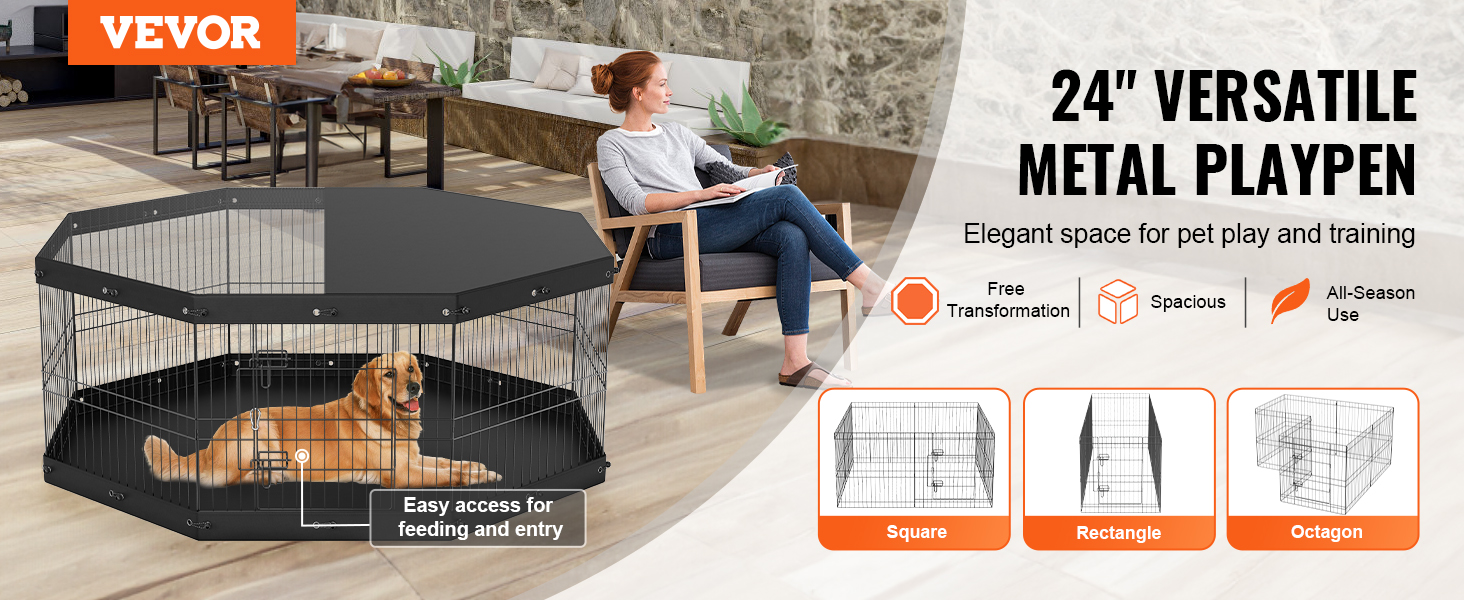 VEVOR dog playpen in a cozy living room, featuring a golden retriever inside a spacious metal enclosure.