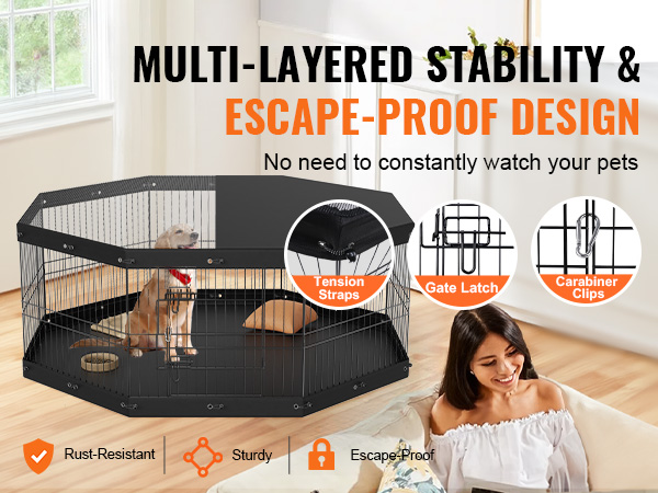VEVOR dog playpen showcasing escape-proof design, with a dog inside, highlighting rust-resistant, sturdy, and escape-proof features.