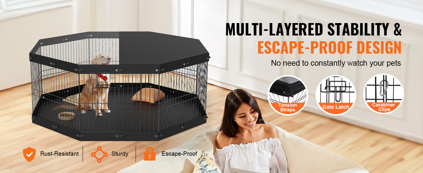 VEVOR dog playpen showcasing escape-proof design, with a dog inside, highlighting rust-resistant, sturdy, and escape-proof features.