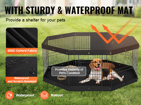 VEVOR dog playpen with sturdy waterproof cover, featuring 600d oxford fabric and sun protection.