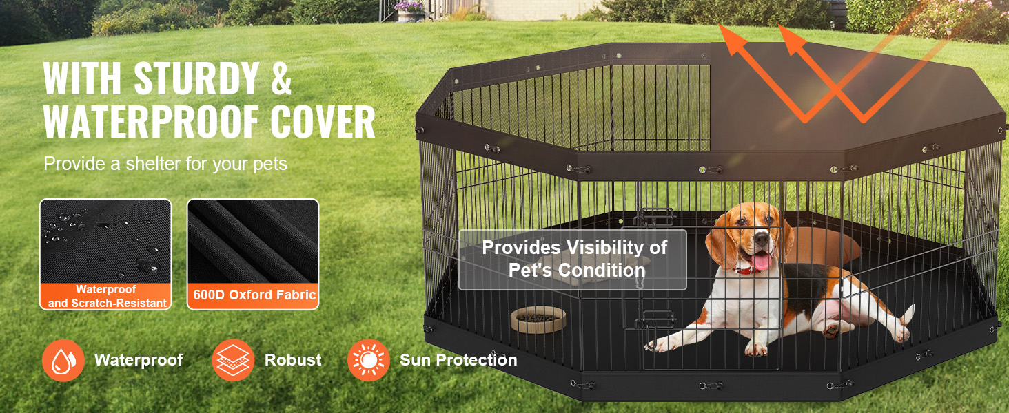 VEVOR dog playpen with sturdy waterproof cover, featuring 600d oxford fabric and sun protection.