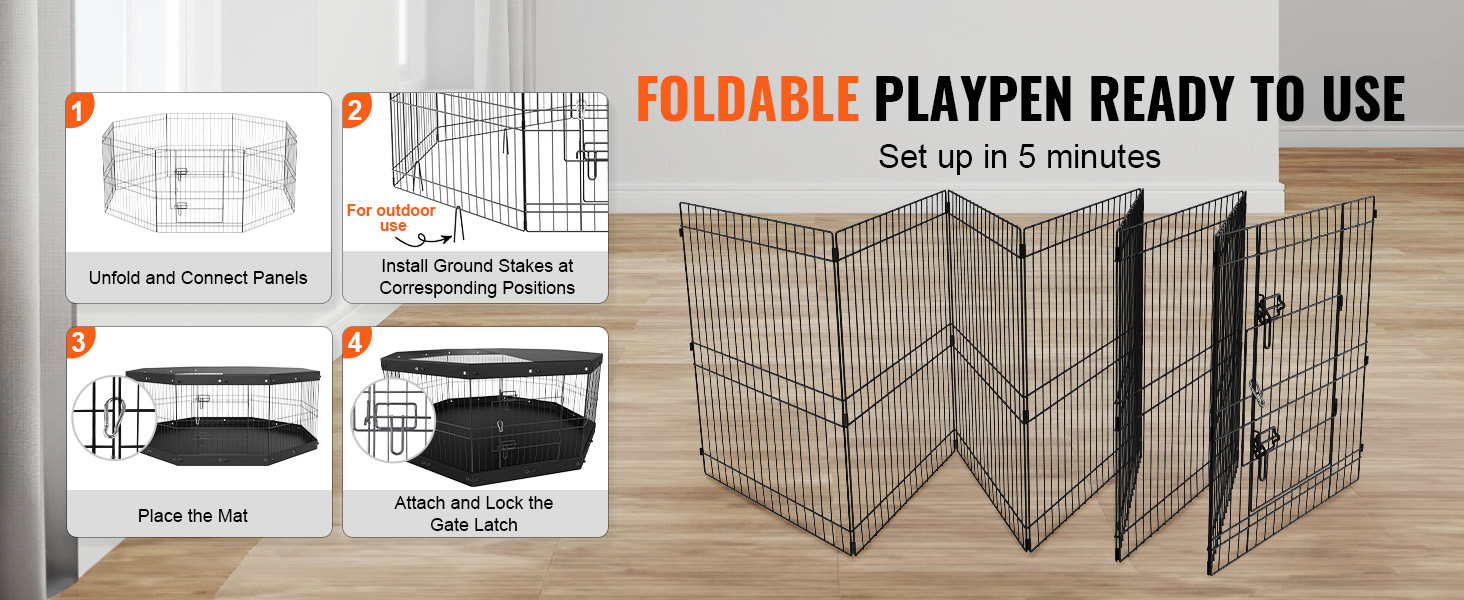 foldable VEVOR dog playpen setup steps, highlighting panel connection, ground stakes, mat placement, and latch.