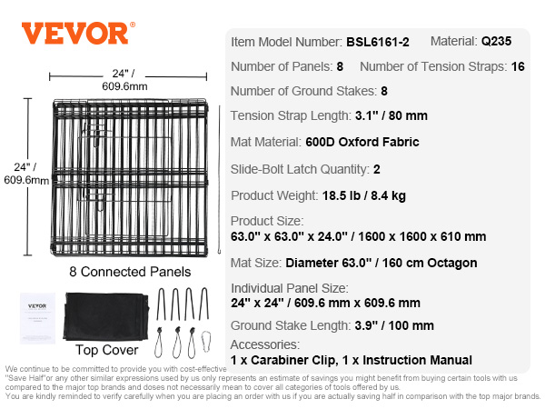 VEVOR dog playpen unassembled with dimensions, specs, black panels, ground stakes, cover, and manual.