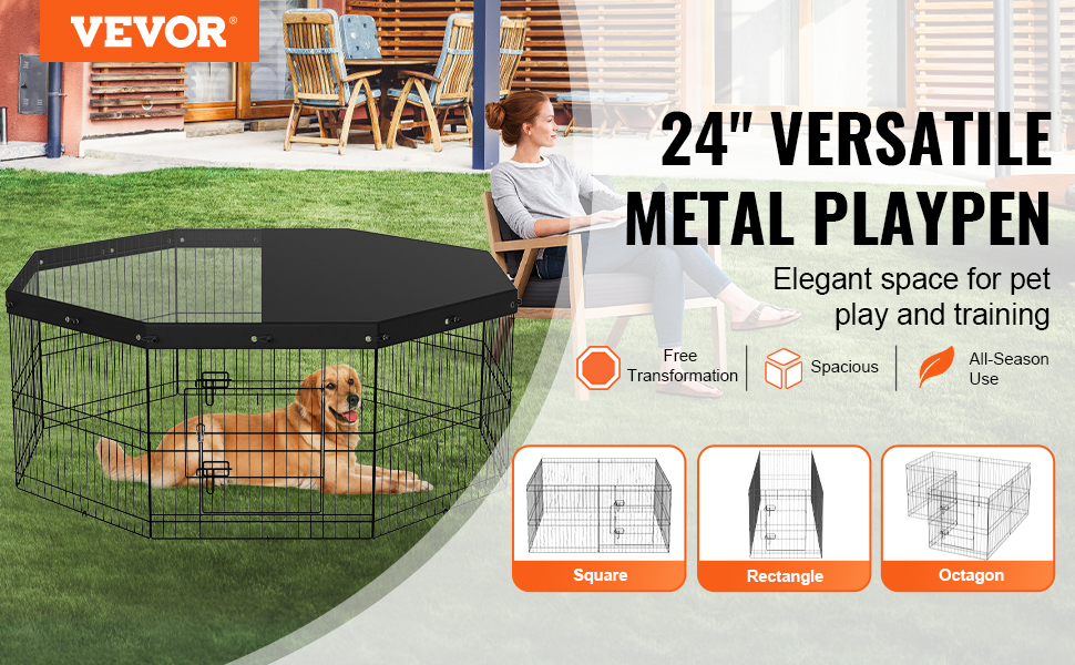 VEVOR dog playpen: spacious, versatile 24" metal playpen for pet play and training in various shapes.