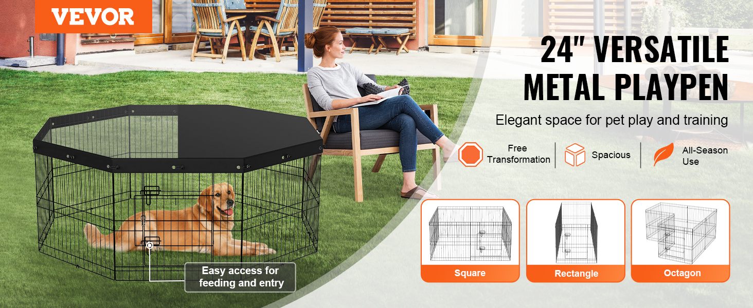 VEVOR dog playpen: spacious, versatile 24" metal playpen for pet play and training in various shapes.