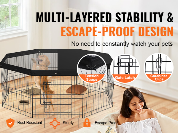 VEVOR dog playpen with multi-layered stability and escape-proof design, ensuring rust-resistance and sturdiness.