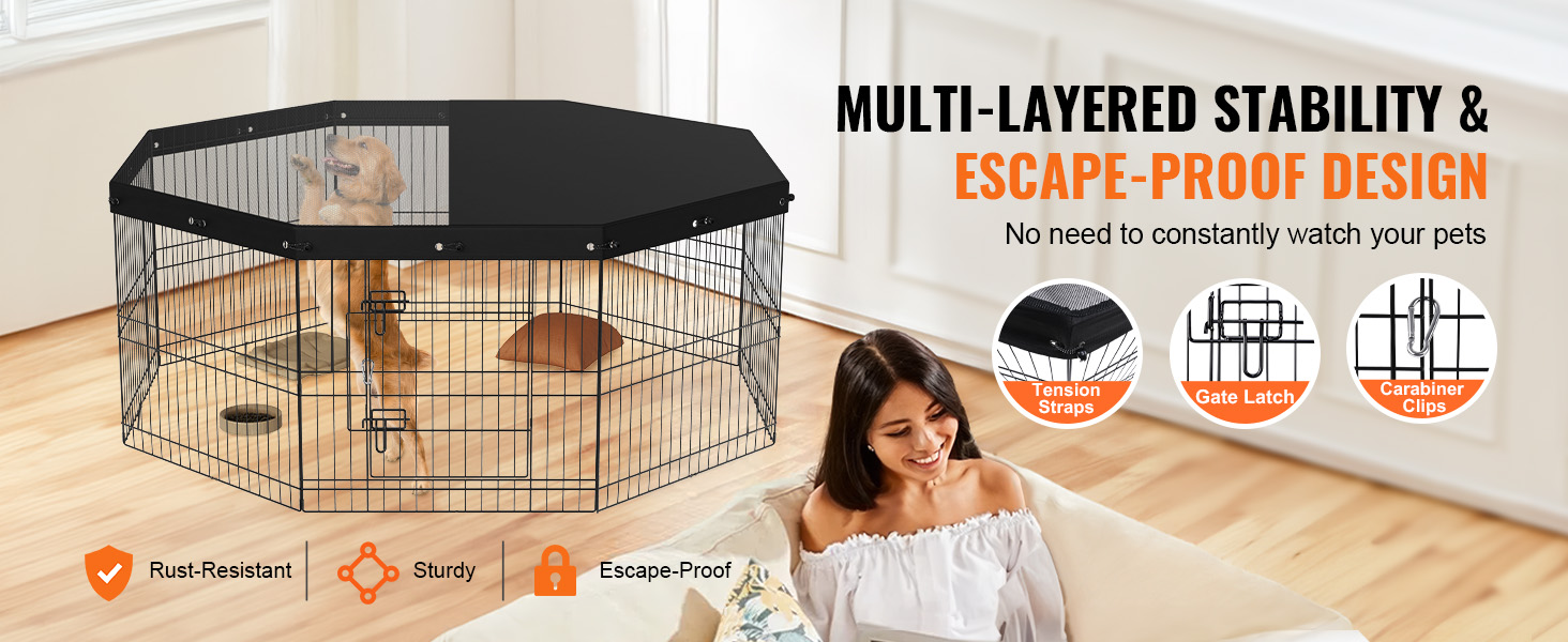 VEVOR dog playpen with multi-layered stability and escape-proof design, ensuring rust-resistance and sturdiness.