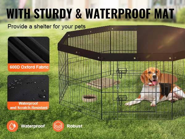 VEVOR dog playpen with sturdy and waterproof cover, providing protection and visibility for pets.