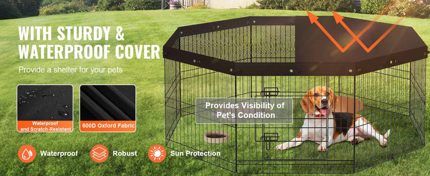 VEVOR dog playpen with sturdy and waterproof cover, providing protection and visibility for pets.