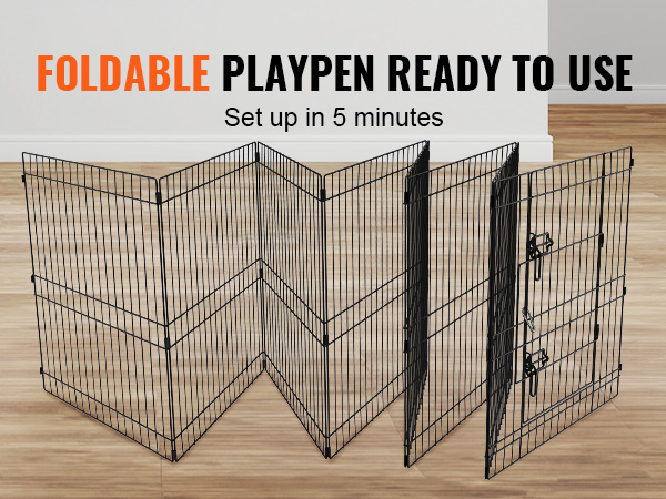 foldable VEVOR dog playpen: unfold, connect panels, install stakes, place mat, attach gate latch.