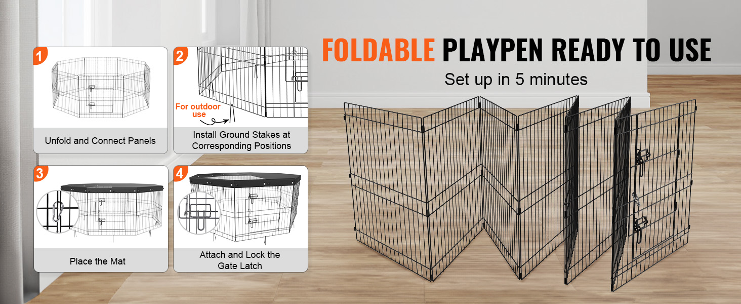 foldable VEVOR dog playpen: unfold, connect panels, install stakes, place mat, attach gate latch.