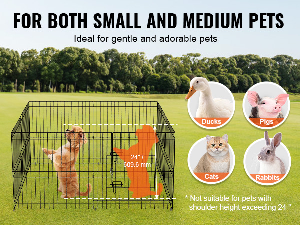 VEVOR dog playpen for small and medium pets, including ducks, pigs, cats, and rabbits in an open field.