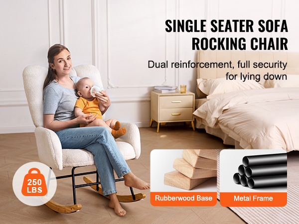 VEVOR rocking chair nursery, white single-seater sofa with a rubberwood base, metal frame supports 250 lbs.