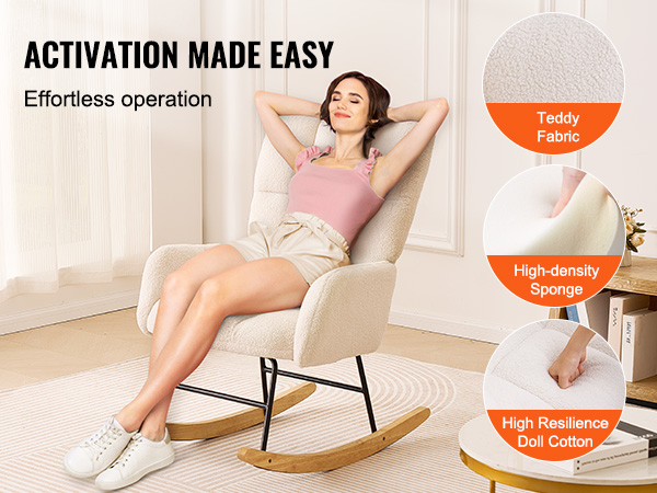VEVOR rocking chair nursery with teddy fabric, high-density sponge, and high resilience doll cotton.