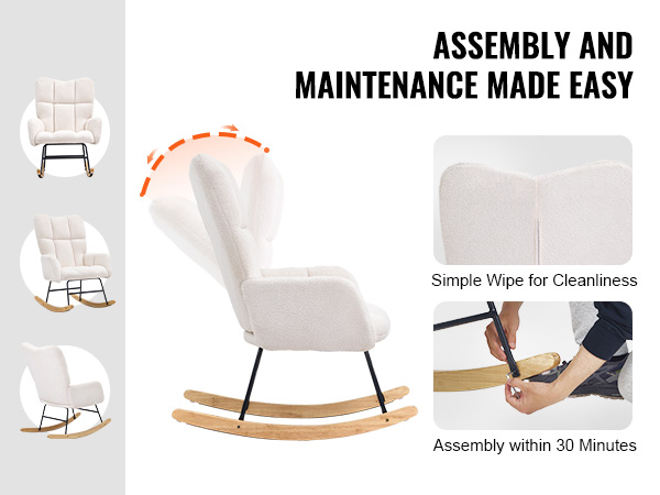 VEVOR rocking chair nursery with soft white cushion, easy assembly, and simple maintenance.