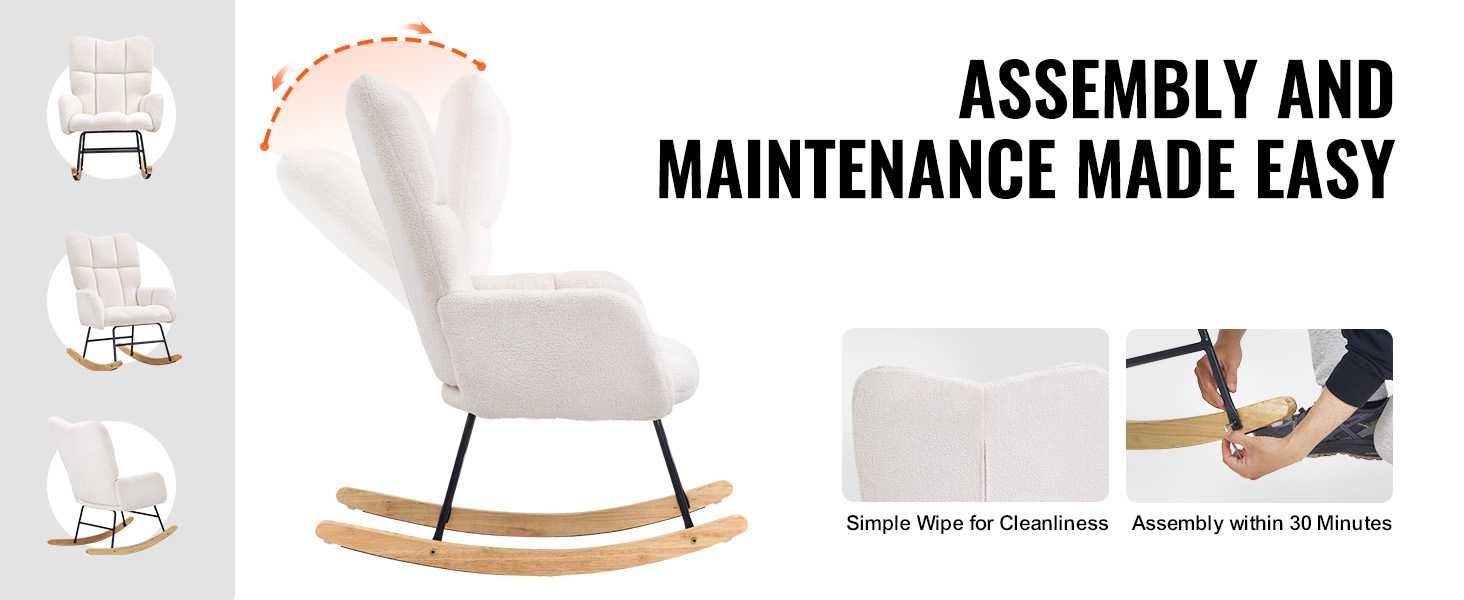 VEVOR rocking chair nursery with soft white cushion, easy assembly, and simple maintenance.