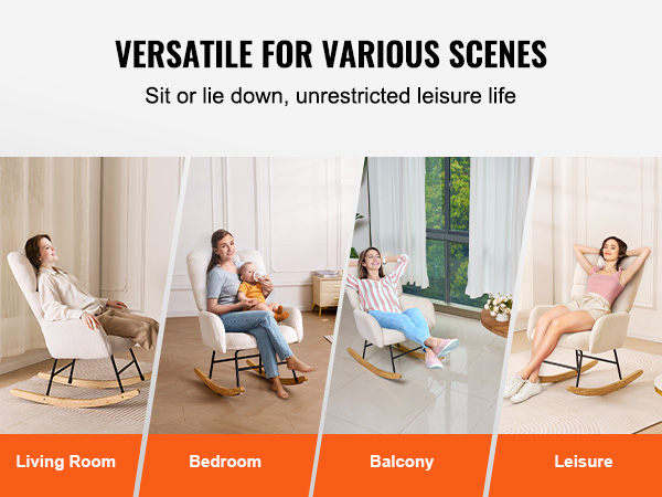 VEVOR rocking chair nursery versatile for living room, bedroom, balcony, and leisure settings.