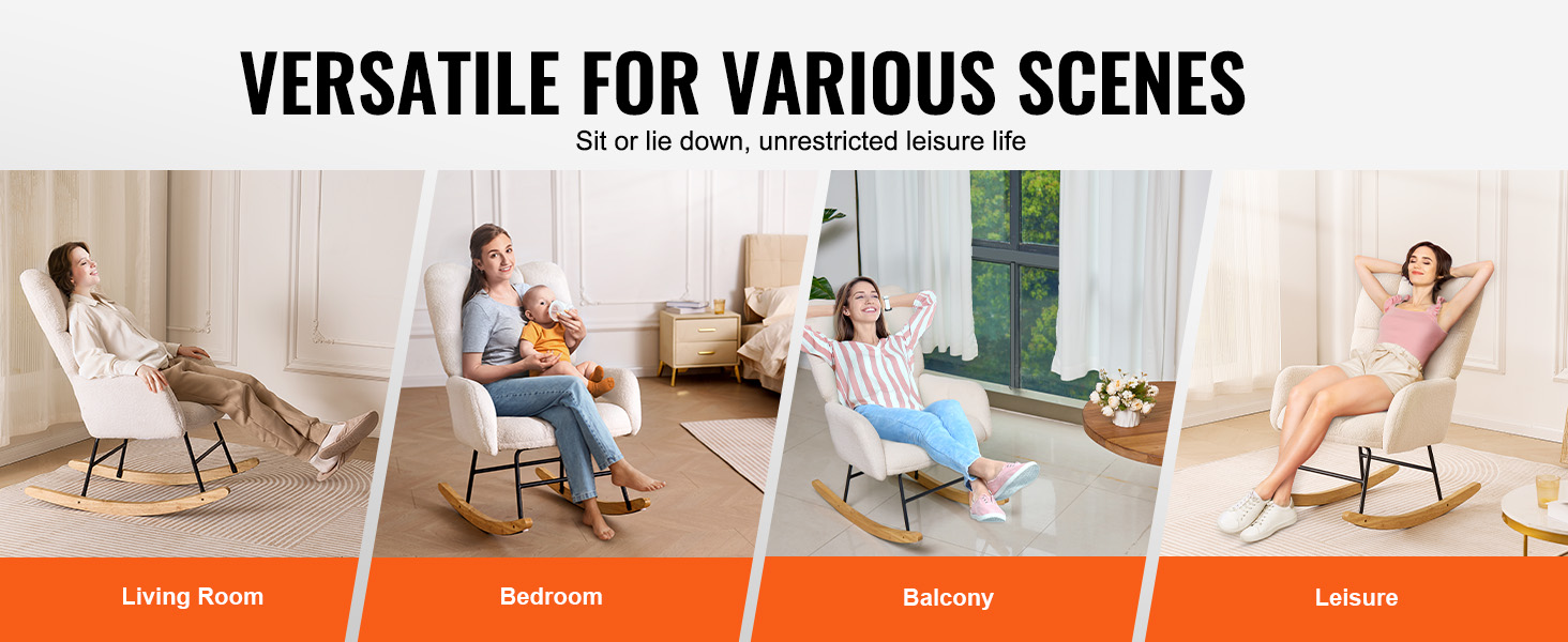 VEVOR rocking chair nursery versatile for living room, bedroom, balcony, and leisure settings.