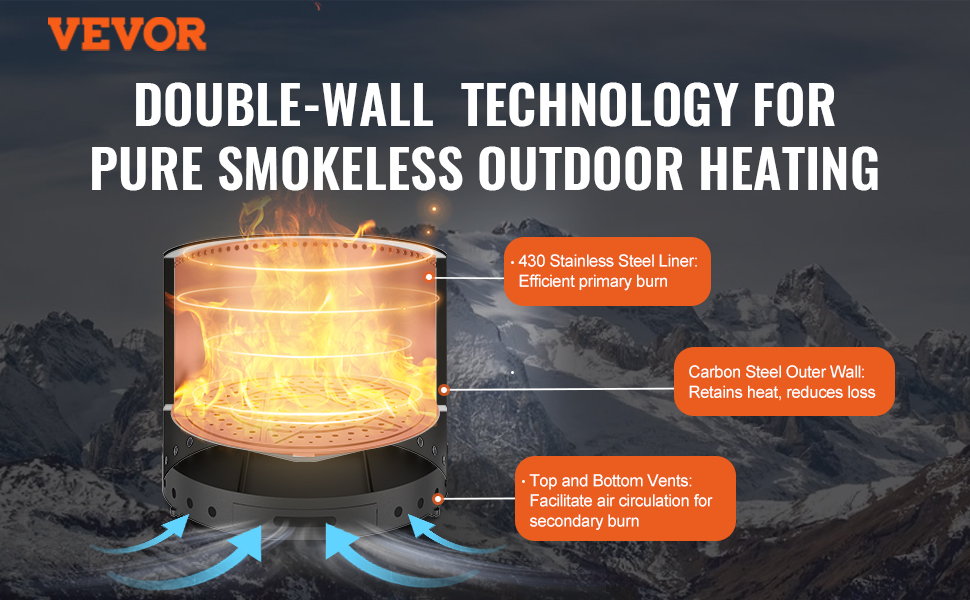 VEVOR smokeless fire pit with double-wall technology, stainless steel liner, and carbon steel outer wall.