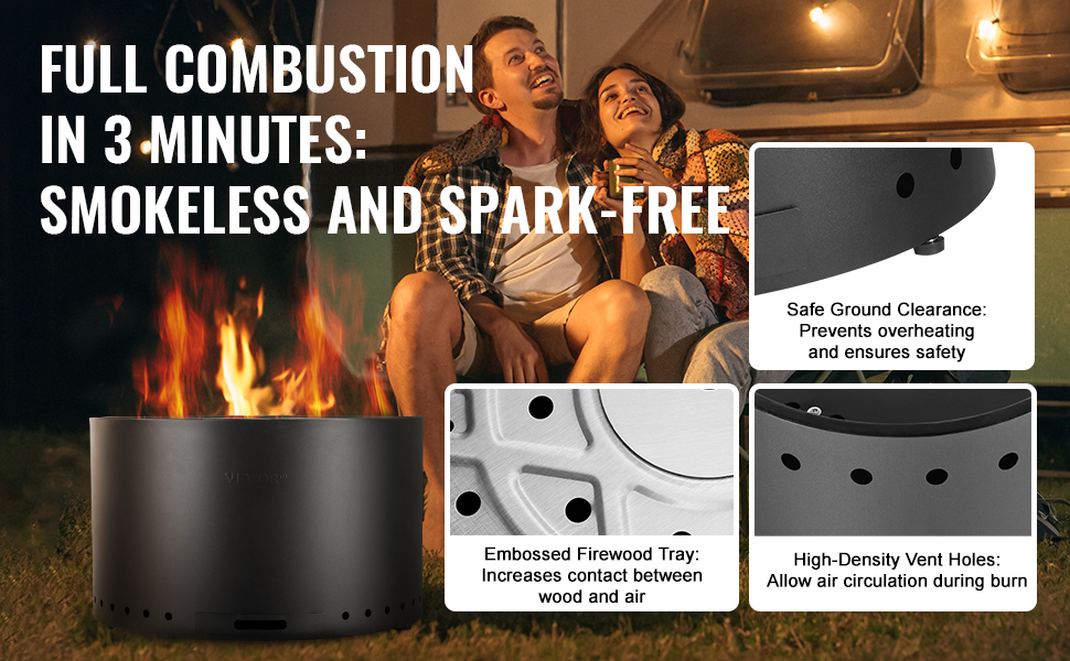 VEVOR smokeless fire pit: full combustion in 3 minutes, spark-free with safe ground clearance and vent holes.