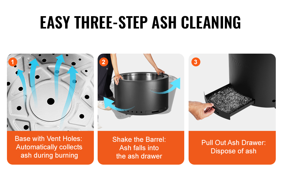 easy three-step ash cleaning process for the VEVOR smokeless fire pit: vent holes, shake barrel, pull out drawer.