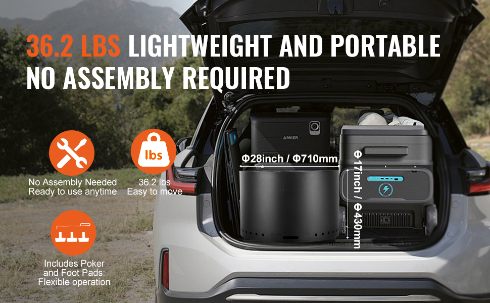 VEVOR smokeless fire pit, lightweight and portable at 36.2 lbs, fits easily in car trunk, no assembly required.