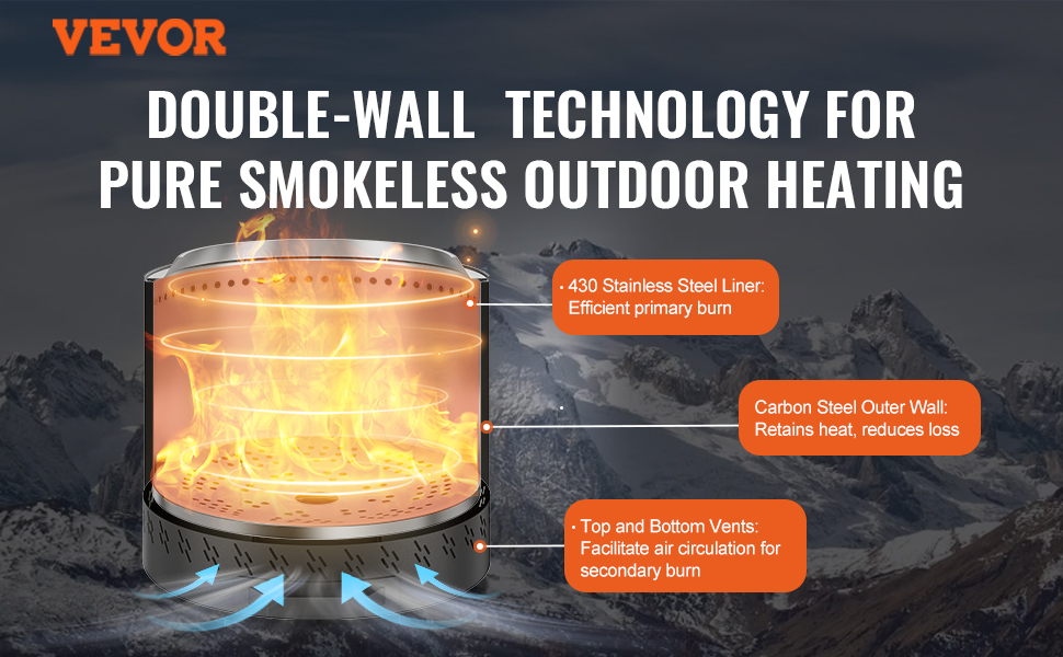 VEVOR smokeless fire pit with double-wall technology for efficient, smokeless outdoor heating.