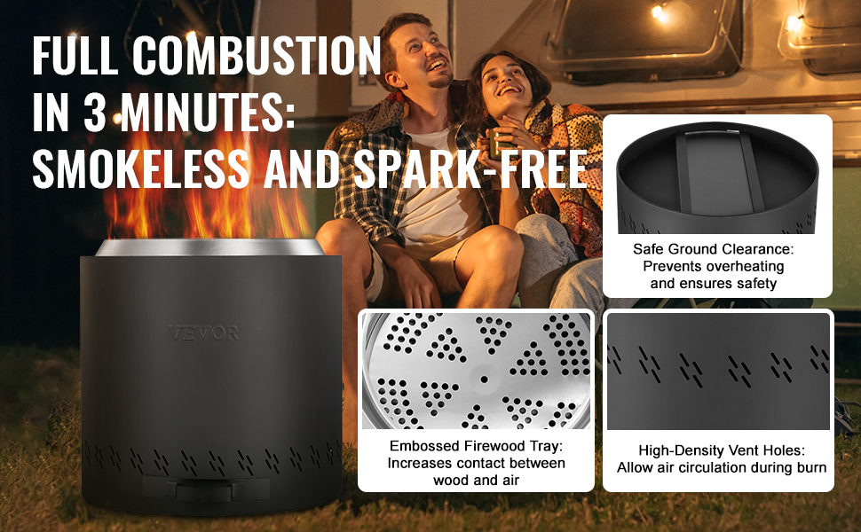 VEVOR smokeless fire pit with safe ground clearance, embossed firewood tray, and high-density vent holes.