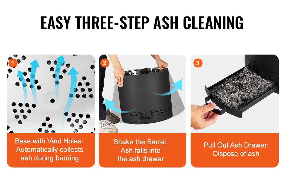 easy three-step ash cleaning for VEVOR smokeless fire pit: vented base, shake barrel, pull out ash drawer.