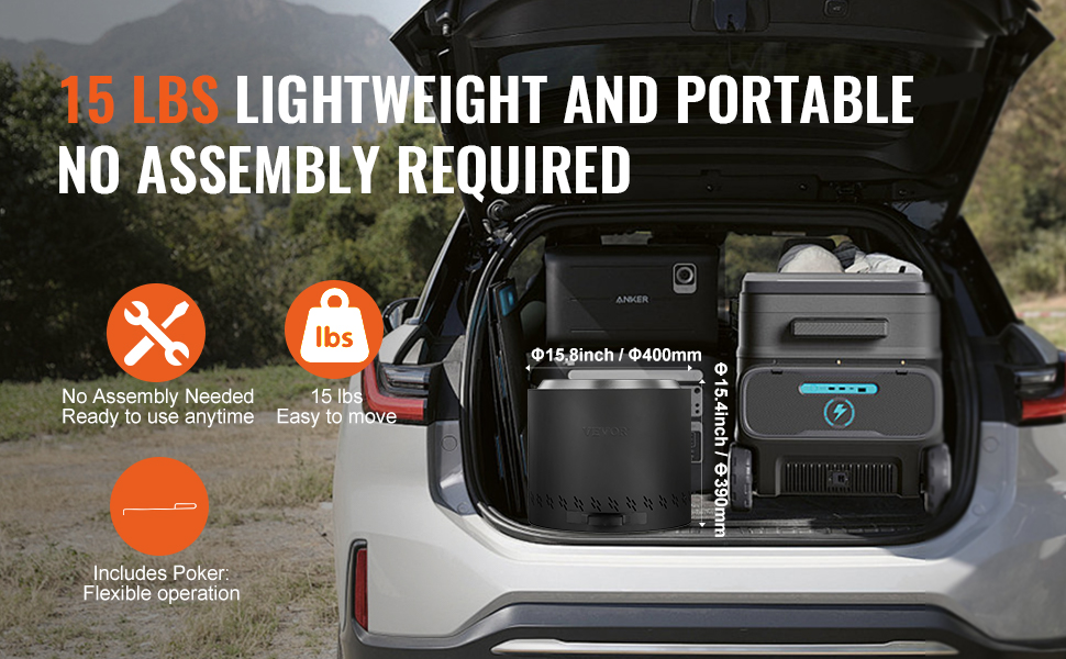 VEVOR smokeless fire pit in an open car trunk, showcasing its portability with text highlights.
