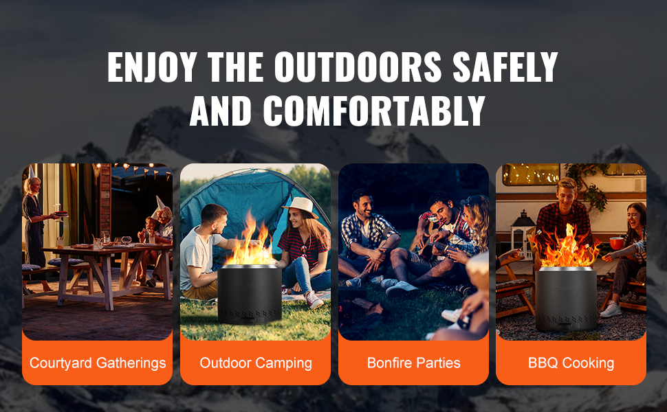 VEVOR smokeless fire pit for courtyard gatherings, outdoor camping, bonfire parties, and bbq cooking.