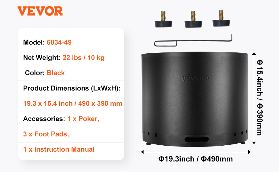 VEVOR smokeless fire pit, black, 19.3x15.4 inches, 22 lbs, with poker, foot pads, and instruction manual.