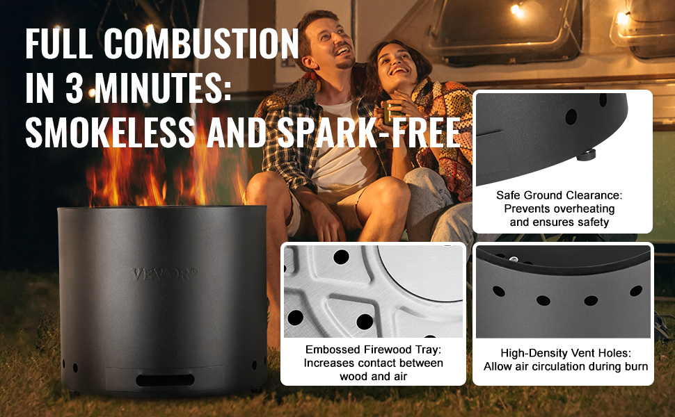 VEVOR smokeless fire pit with high-density vent holes, safe ground clearance, and embossed firewood tray.