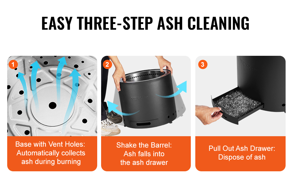 VEVOR smokeless fire pit showcasing easy three-step ash cleaning: base with vent holes, shake the barrel, pull out ash drawer.
