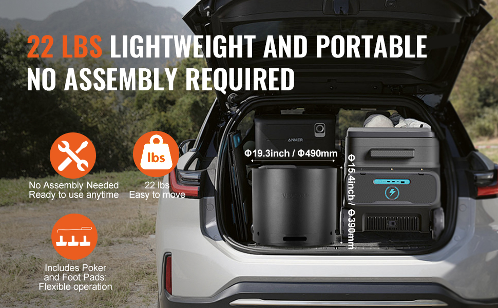 VEVOR smokeless fire pit in the back of a car, lightweight and portable at 22 lbs with no assembly required.