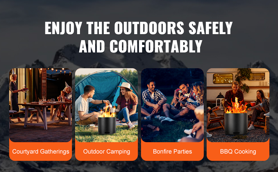 enjoying VEVOR smokeless fire pit at courtyard gatherings, outdoor camping, bonfire parties, and bbq cooking.