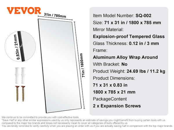 VEVOR full length mirror, 71x31 inches, explosion-proof tempered glass, aluminum alloy frame.