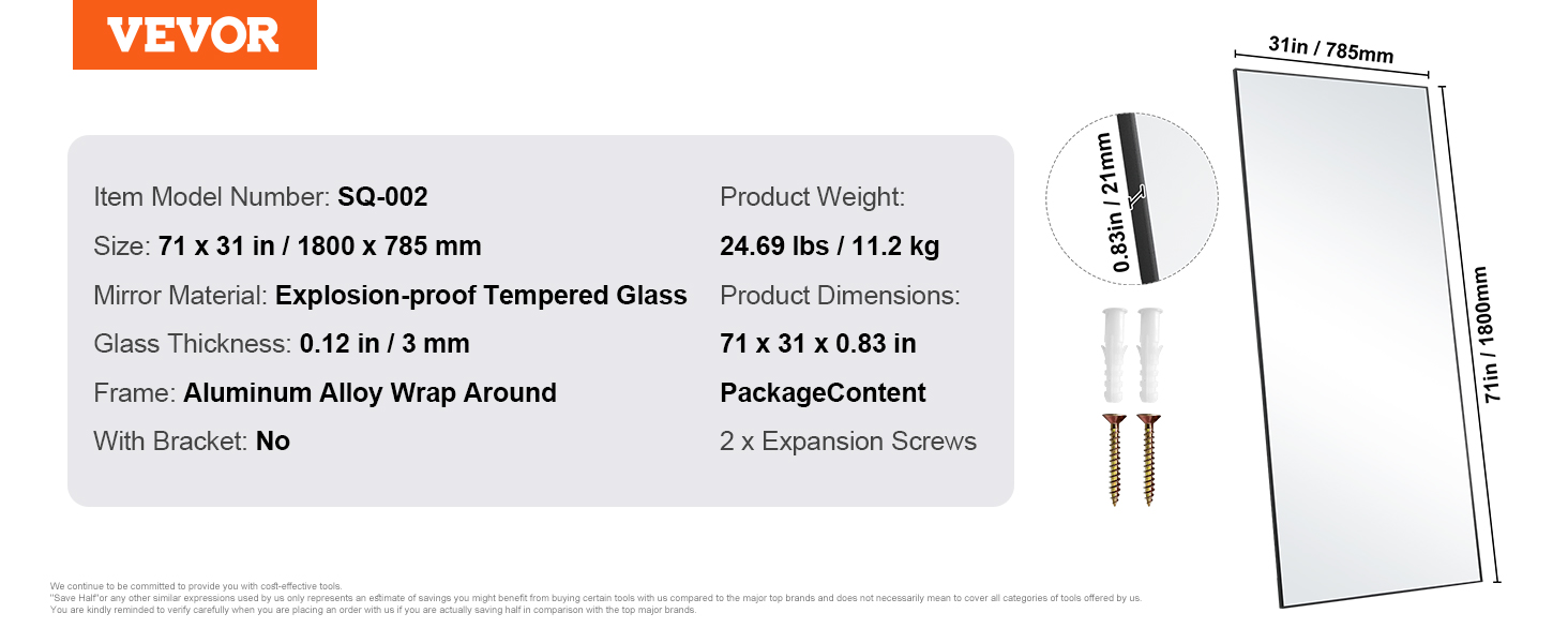 VEVOR full length mirror, 71x31 inches, explosion-proof tempered glass, aluminum alloy frame.